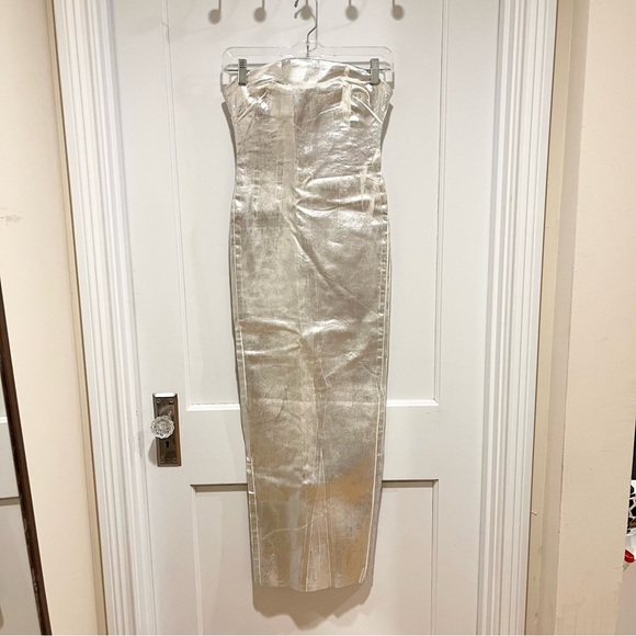 Zara Silver Fitted Metallic Maxi Dress Strapless XS Blogger Fave - Picture 3 of 10